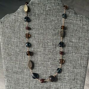 Glass wooden blue brown beaded beads necklace brass tone toggle choker